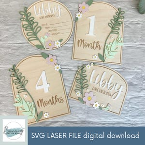 Set di marcatori per pietre miliari Daisy Garden Baby con annuncio per la personalizzazione di file digitali SVG, file GLOWFORGE pronti per il laser
