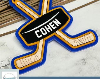 Hockey Sticks Puck Name Tag SVG File, Laser Cut Keychain (Digital Download)