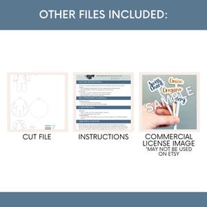 May include: An image with three sections. The first section says "CUT FILE" and shows a cut file design. The second section says "INSTRUCTIONS" and shows a document. The third section says "COMMERCIAL LICENSE IMAGE *MAY NOT BE USED ON ETSY" and shows a hand holding sample labels.