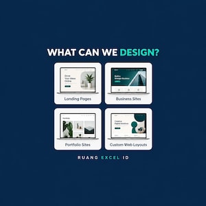 May include: A dark blue graphic featuring the text WHAT CAN WE DESIGN? and RUANG EXCEL ID. Four white squares display laptop screens showing website designs for Landing Pages, Business Sites, Portfolio Sites, and Custom Web Layouts.