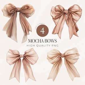 Coquette Bows Clipart, Mocha Mousse PNG, Cottagecore Aesthetic, Watercolor Whimsical Illustration, Brown Junk Journal Stickers, POD Clipart
