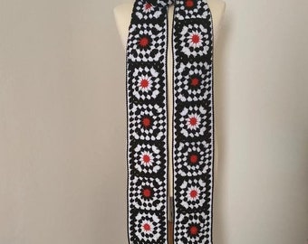 Granny Square Crochet Scarf Long Black White Red