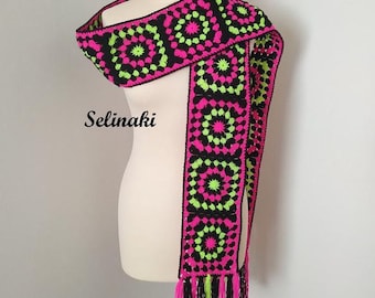 Crochet Neon Colors Granny Square Scarf Long Pink Yellow Black