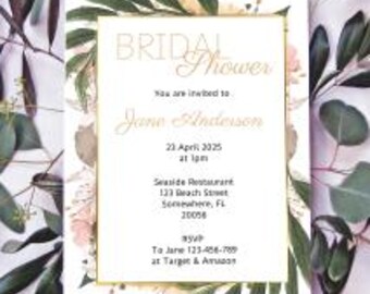 Boho Bridal Shower Invitation Template Elegant Floral Bridal Shower Editable Canva Wedding Minimalist Dusty Pink Gold Invite Download