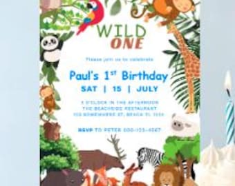 Wild One Safari Birthday Invitation, Editable Jungle Animals 1st Birthday Invite, Zoo Theme Invite Template Canva, Modern Wild One Girl Boy