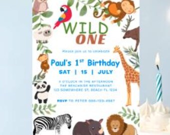 Wild One Birthday Invitation Safari, Editable Jungle 1st Birthday Invite, Safari Animals Party Decor, Wild One Invitation Template Canva