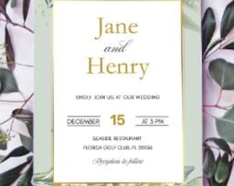 Editable Wedding Invitation Canva Template, Eucalyptus Greenery Wedding Invite, Gold Border Floral Wedding Invitation, Modern Botanical
