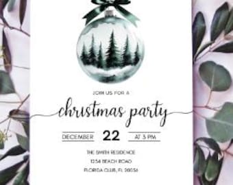 Editable Christmas Party Invitation Template, Watercolor Pine Tree Ornament Invite, Elegant Holiday Party Canva Template, Winter Forest