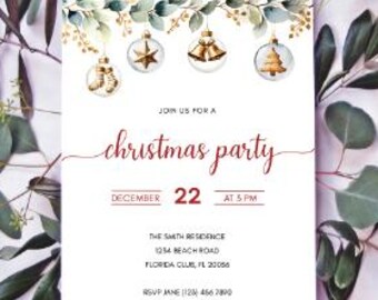 Weihnachtsfeier-Einladung Vorlage, Elegante Urlaub einladen, Bearbeitbare Canva Weihnachtsfeier, Gold Ornament Aquarell, Sofort Download