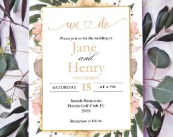 Boho Floral Wedding Invitation Template, Elegant We Do Wedding Invite, Editable Canva Wedding Invitation, Minimalist Dusty Pink Gold Wedding