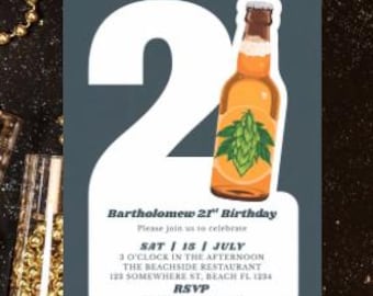 Editable 21st Birthday Invitation Template, Craft Beer Birthday Invite for Him, Brews and Cheers 21st Party, Instant Download Canva Template