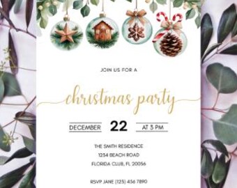 Editable Christmas Party Invitation Template Rustic Watercolor Ornament Invite Traditional Holiday Canva Template Cozy Xmas Party Invitation