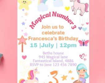 Magical Unicorn Mermaid 3rd Birthday Invitation, Editable Magical Number 3 Party Invite Rainbow Mermaid Invite Template Canva Girl Birthday