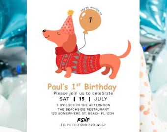 Editable Dachshund 1st Birthday Invitation, Puppy Party Canva Template, Red Sweater Doxie First Birthday Invite, Dog Theme Birthday