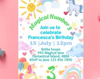 Magisches Einhorn zum 3. Geburtstagseinladung Bearbeitbar Magische Zahl 3 Party einladen, Regenbogen Einhorn einladen Vorlage Canva Pink Gold Einhorn Mädchen
