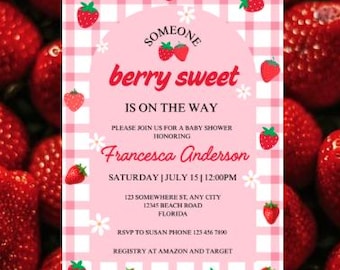 Strawberry Baby Shower Invitation, Someone Berry Sweet Is On The Way Invite, Pink Gingham Invitation Template, Editable Canva Invite