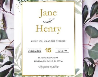 Editable Wedding Invitation Canva Template, Eucalyptus Greenery Wedding Invite Gold Frame Floral Wedding invite, Modern Botanical Sage Green