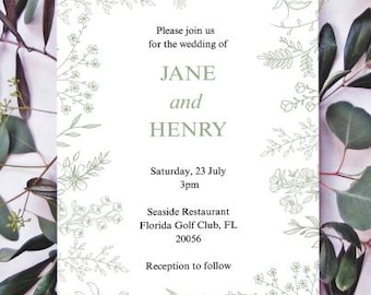 Editable Wedding Invitation Template, Minimalist Floral Wedding Invite, Modern Botanical Canva Template, Elegant Sketch Flower Invite