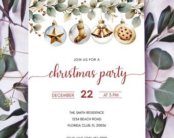 Christmas Party Invitation Template, Elegant Holiday Invite, Editable Canva Christmas Party, Gold Ornament Watercolor, Instant Download