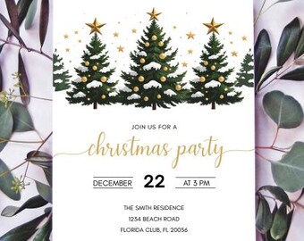 legant Christmas Tree Party Invitation, Editable Canva Holiday Invite, Gold Star Christmas Invitation Template, Winter Wonderland Party