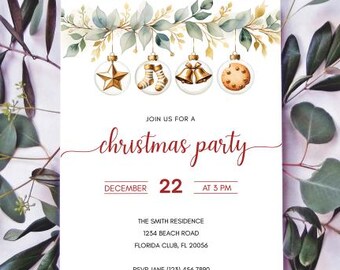 Christmas Party Invitation Template, Elegant Holiday Invite, Editable Canva Christmas Invitation, Watercolor Gold Ornament Holiday Party
