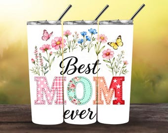 Beste Mutter aller Zeiten Tumbler Wrap PNG | Muttertag Mama Becher Design | Blumen Schmetterling Patchwork | Rosa Gingham 20 Unzen Skinny Sublimation Wrap