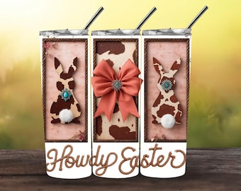 Rustikale Osterhase Tumbler Wrap PNG | Kuh Print Bunny Sublimation | Western Oster Design | Türkis Concho Schleife | 20 Unzen Skinny Tumbler Wrap