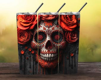 Sugar Skull Tumbler Wrap PNG, 20oz Skinny Tumbler Sublimation Design, Day of the Dead, Red Rose Gothic Floral PNG, Mexican Folk Art Calavera