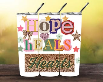 Hope Heals Hearts tumbler wrap png Ransom Note 20oz Skinny Tumbler Sublimation design Retro Leopard Print Scrapbook Collage Digital Download