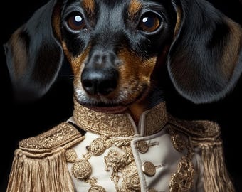 May include: A black and brown dachshund wearing a white military-style jacket with gold trim and buttons. The dog is looking directly at the camera.