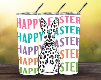 Frohe Ostern Tumbler Wrap PNG | Kurvige Schrift Ostern Design Leopard Bunny Sublimation Trendy Frühling 20 Unzen Skinny Tumbler Wrap Süß Ostern PNG