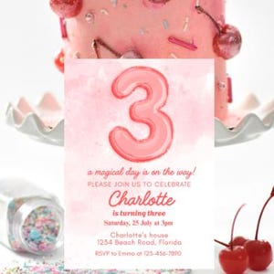 Editable Pink 3rd Birthday Invitation, third Party Invite, Balloon Foil Girl Third Birthday, Canva Template, Digital Download, pink
