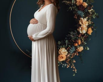 Fine Art Floral Hoop Background, Moody Boho Maternity Backdrop Luxury Autumn Botanical Ring Composite Newborn Photography Overlay Dark Green