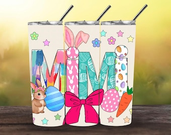 Mimi Ostern Tumbler Wrap PNG | Niedliches Häschenohren & Schleifendesign | Bunter Frühling Sublimation | 20 Unzen Skinny Tumbler Wrap | Ostereier und Häschen