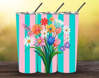 Floral Tumbler Wrap PNG | 20oz Skinny Tumbler Sublimation Design | Pink & Teal Striped Flower Wrap | Spring Summer Tumbler Design