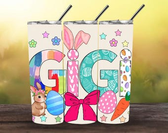 Gigi Ostern Tumbler Wrap PNG | Niedliches Häschenohren & Schleifendesign | Bunter Frühling Sublimation | 20 Unzen Skinny Tumbler Wrap | Ostereier Hase