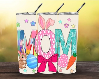 Mom Ostern Tumbler Wrap PNG | Hasenohren Mom Sublimationsentwurf | Niedliche Pastell Ostereier mit Schleife | 20 Unzen Skinny Tumbler Wrap | Geschenk für Mama