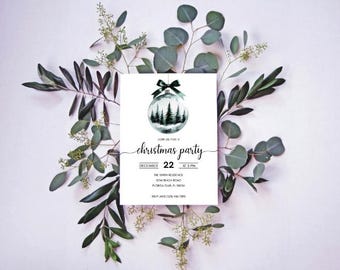 Editable Christmas Party Invitation Template, Watercolor Pine Tree Ornament Invite, Elegant Holiday Party Canva Template, Winter Forest