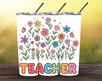 Colorful Floral Teacher Tumbler Wrap PNG, 20oz Skinny Tumbler Sublimation Design, Retro Polka Dot Teacher Gift, Wildflower Teacher Wrap
