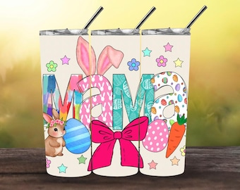 Mama Ostern 20 Unzen Skinny Tumbler Wrap PNG | Hasenohren Mama Sublimationsentwurf | Niedliche Pastell Ostereier & rosa Schleife | Frühling Geschenk für Mama