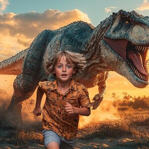 Jurassic Dinosaur Kid Running Prehistorische Speeltijd Dinosaurus Digitale achtergrond voor kinderen Leuke avonturen Dinosaurusachtergrond photoshop-overlay