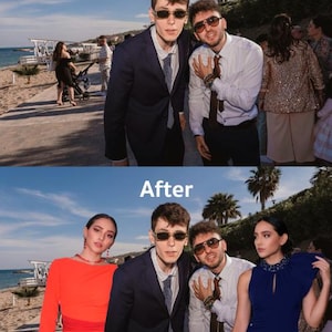 Può includere: Tre persone posano per una foto. Due uomini indossano abiti e occhiali da sole, e una donna indossa un abito arancione brillante e un abito blu. La foto è stata scattata all'aperto in una giornata di sole.