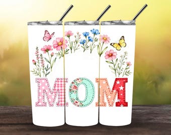 Muttertag MOM Tumbler Wrap PNG | Blumen Schmetterling Mom Design | Rosa Vichykaro Patchwork | 20 Unzen dünne Sublimationsverpackung | Mama Geschenkidee