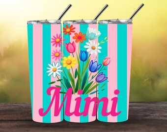 Mimi Floral Tumbler Wrap PNG | 20oz Skinny Tumbler Sublimation Design | Pink & Teal Striped Flower Wrap | Mother’s Day Gift for Mimi