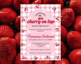Cherry Babypartyeinladung, Cherry On Top ist auf dem Weg Invite Pink Gingham Babypartyvorlage, bearbeitbare Canva Invite Sofort-Download