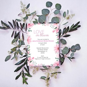 Love in Bloom vrijgezellenfeestuitnodiging handgeschreven vintage stijl, lente zomer wilde bloemen bloemen bruidsuitnodiging
