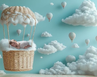 Fondo digital para recién nacido con tema de globo aerostático, fondo digital para niño, fondo digital para recién nacido