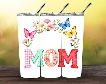 MOM Tumbler Wrap PNG für Muttertag | Blumen Schmetterling Patchwork Mom Design | Rosa Vichy-Karo Vintage Sublimation | 20 Unzen Skinny Tumbler Wrap