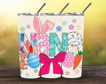 Nana Ostern 20 Unzen Skinny Tumbler Wrap PNG | Hasenohren Nana Sublimationsdesign | Pastell Ostereier & rosa Schleife Geschenk für Nana
