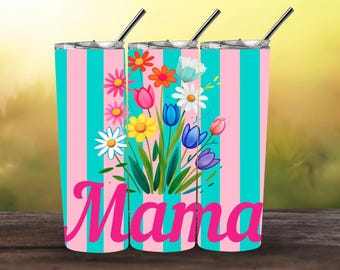 Mama Floral Tumbler Wrap PNG | 20oz Skinny Tumbler Sublimation Design | Pink & Teal Striped Flower Wrap | Mother’s Day Gift for Mom